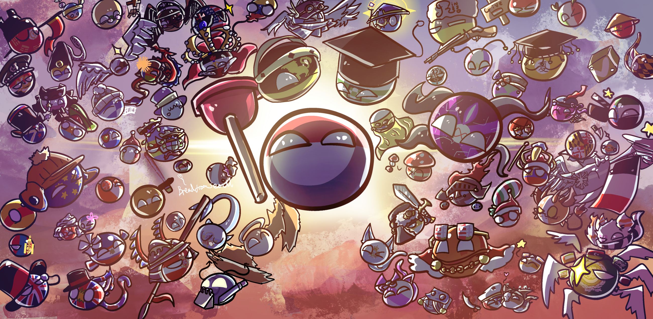 Splash art showing various Mymics in the Polandball Go universe!